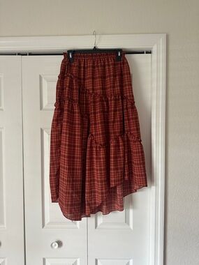 Blu Pepper Plaid Asymmetrical Tiered Skirt - Burnt Red